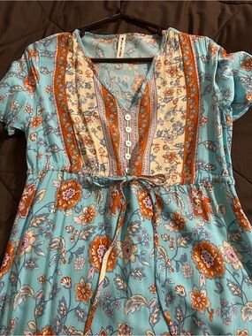 Numa Girls Fashion Boho Floral Midi Tie-Waist Dress in Aqua and Rust